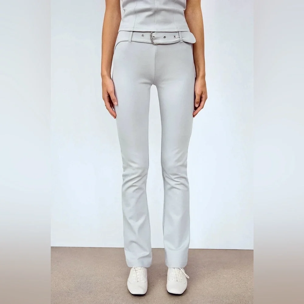 Zara NWT Light gray belted interlock stretchy flare pants, thick material